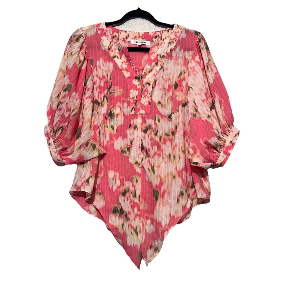 Rose + Olive Floral Blouse Womens Pink Puff Sleeve Tie Front Top Small